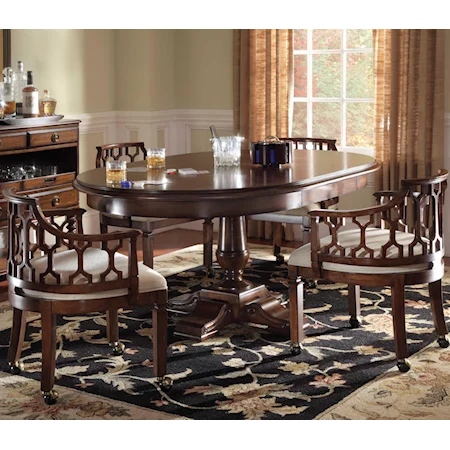Five-Piece Round Single Pedestal Dining Table & Caster Chairs with Fretbacks & Upholstered Cushion Seats Set